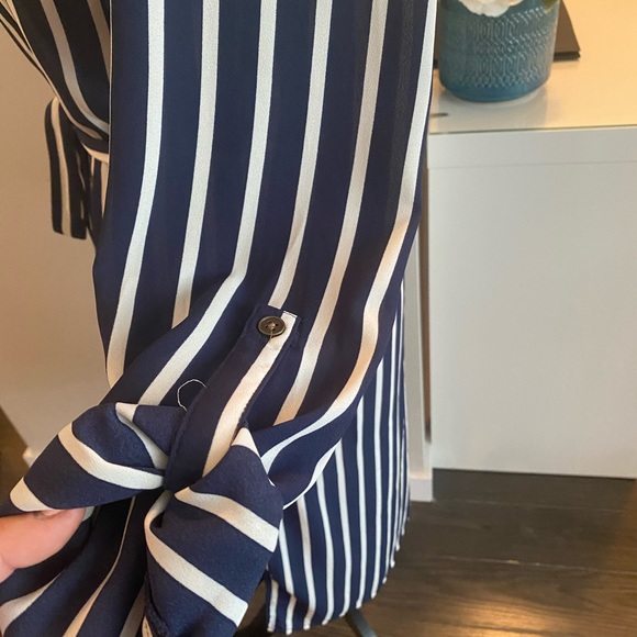 Navy blue striped button up duster jacket - Picture 5 of 8